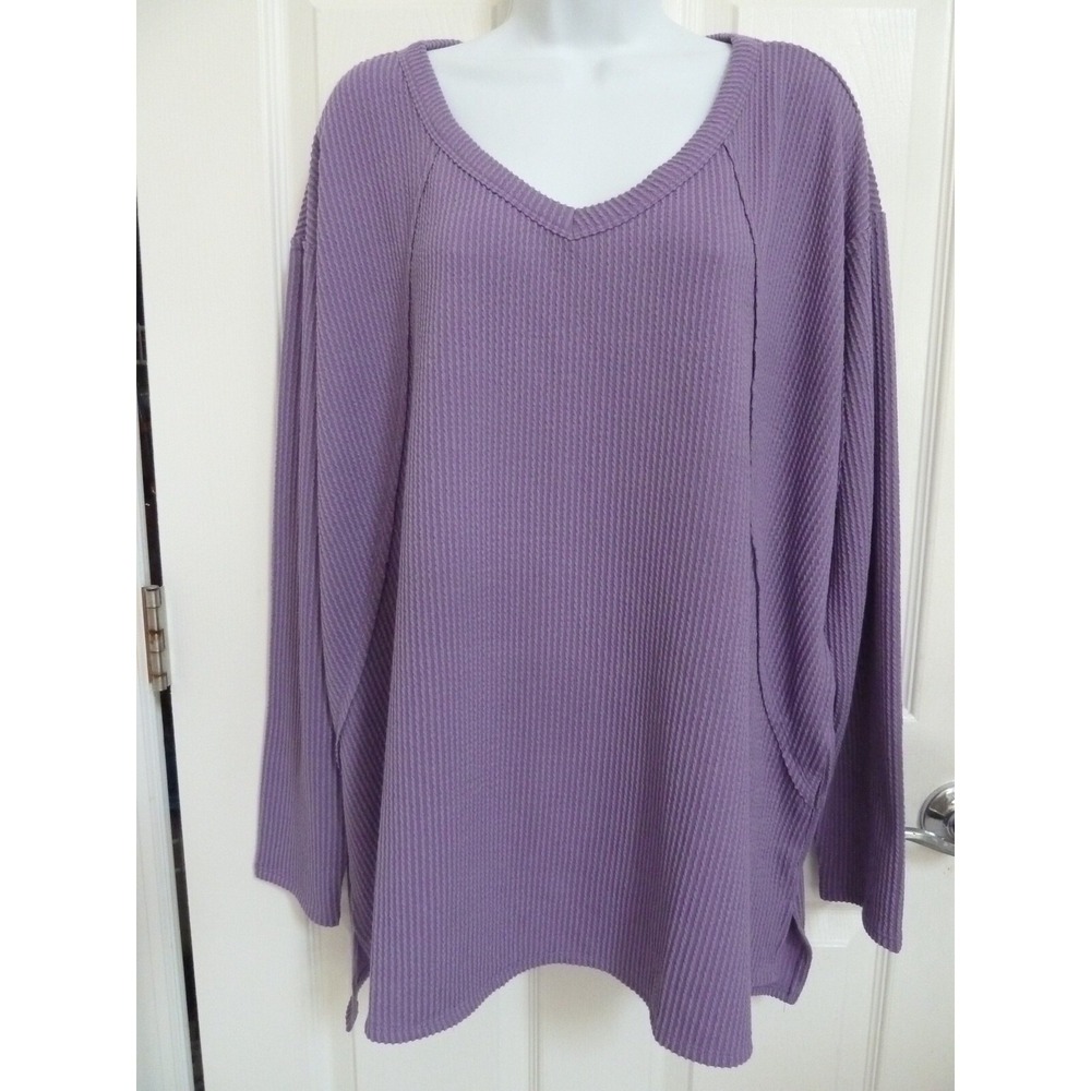 Andree By Unit Womens 1X Purple Ribbed Knit Oversized V-Neck Tunic Top
